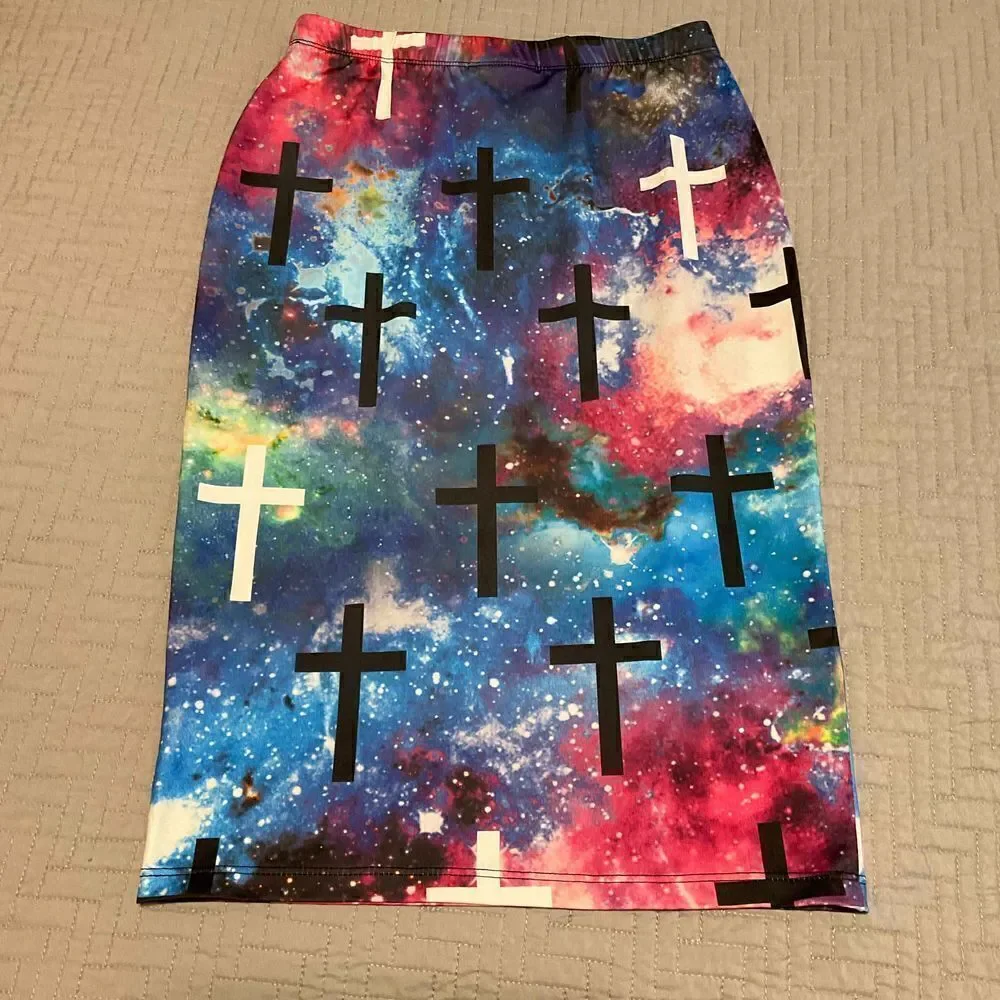 Modern Lux Stretch Multicolor and Cross Midiskirt, S, christcore, bubble goth